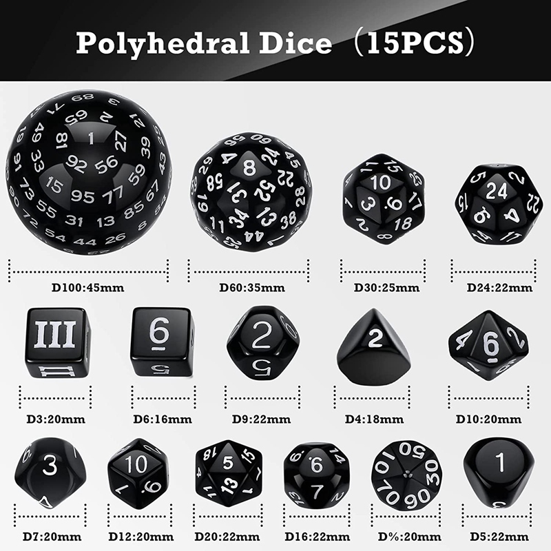 15Pieces Complete Polyhedral DND Dice Set D3-D100 Spherical RPG Dice Set,100 Sides Dice Set for Role Playing Table Games