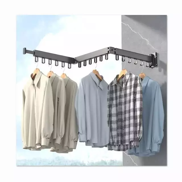 Folding Clothes Hanger Wall Mount Retractable Cloth Drying Rack Space