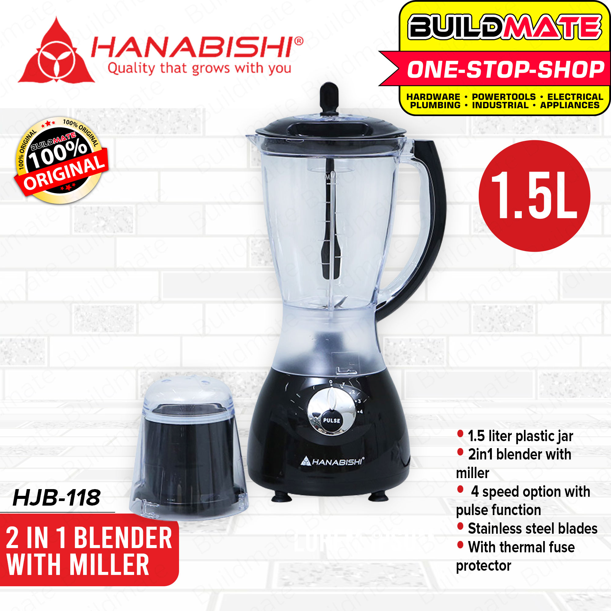 BUILDMATE Hanabishi 2in1 Juice Blender Juicer 1.5L with 4 Speed Miller Shaker for Shake Smoothie