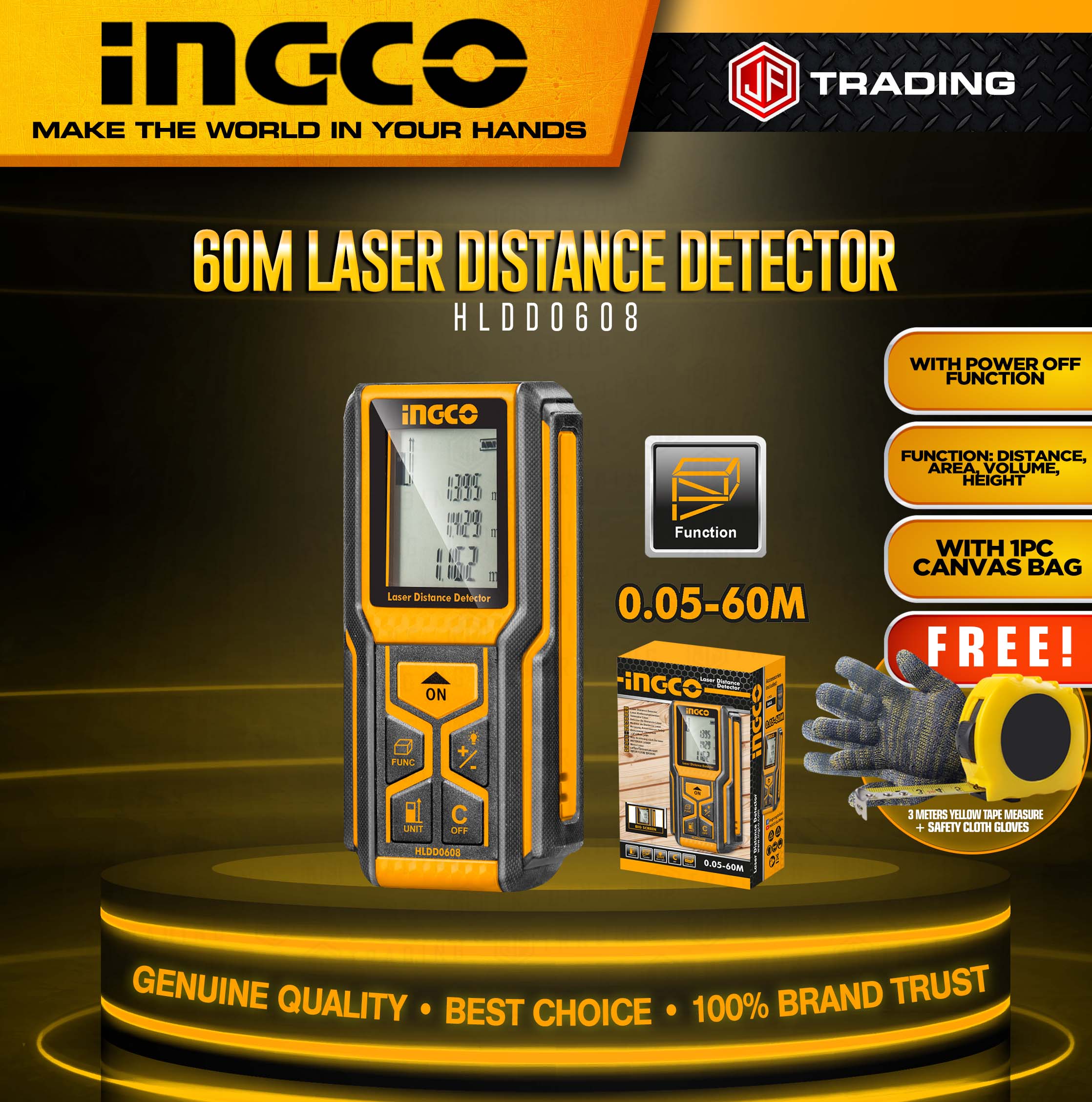 INGCO Laser Distance Detector HLDD0608 (WITH FREE 3 METERS YELLOW TAPE
