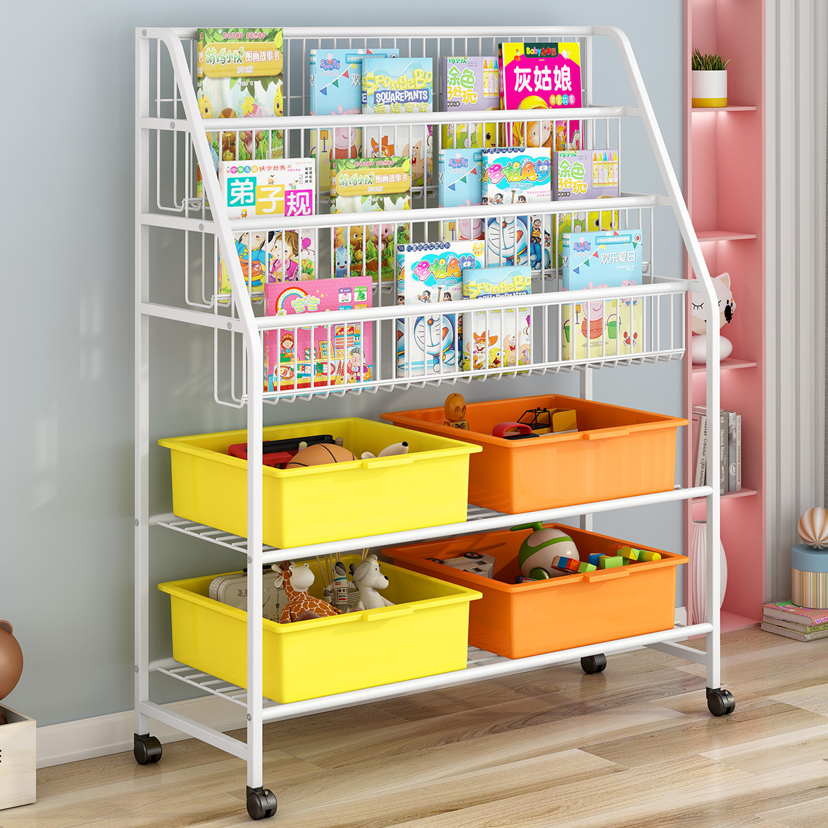 Movable Baby Toy Organizer Trolley Kid Toy Organizer Storage Rack Book