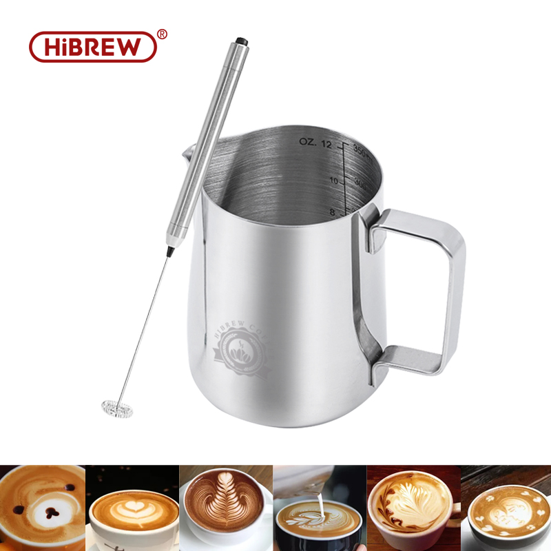 Hibrew Electric Milk Frother+Stainless Steel Milk Frothing Pitcher Milk