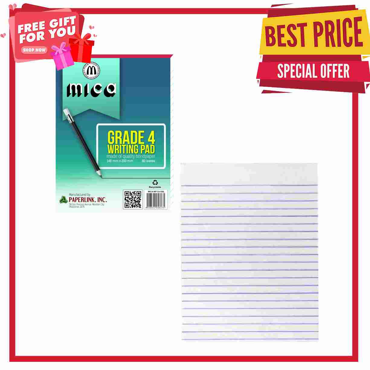 MICA Writing Pad 80leaves Grade 3,4 provincial size (148mmx200mm