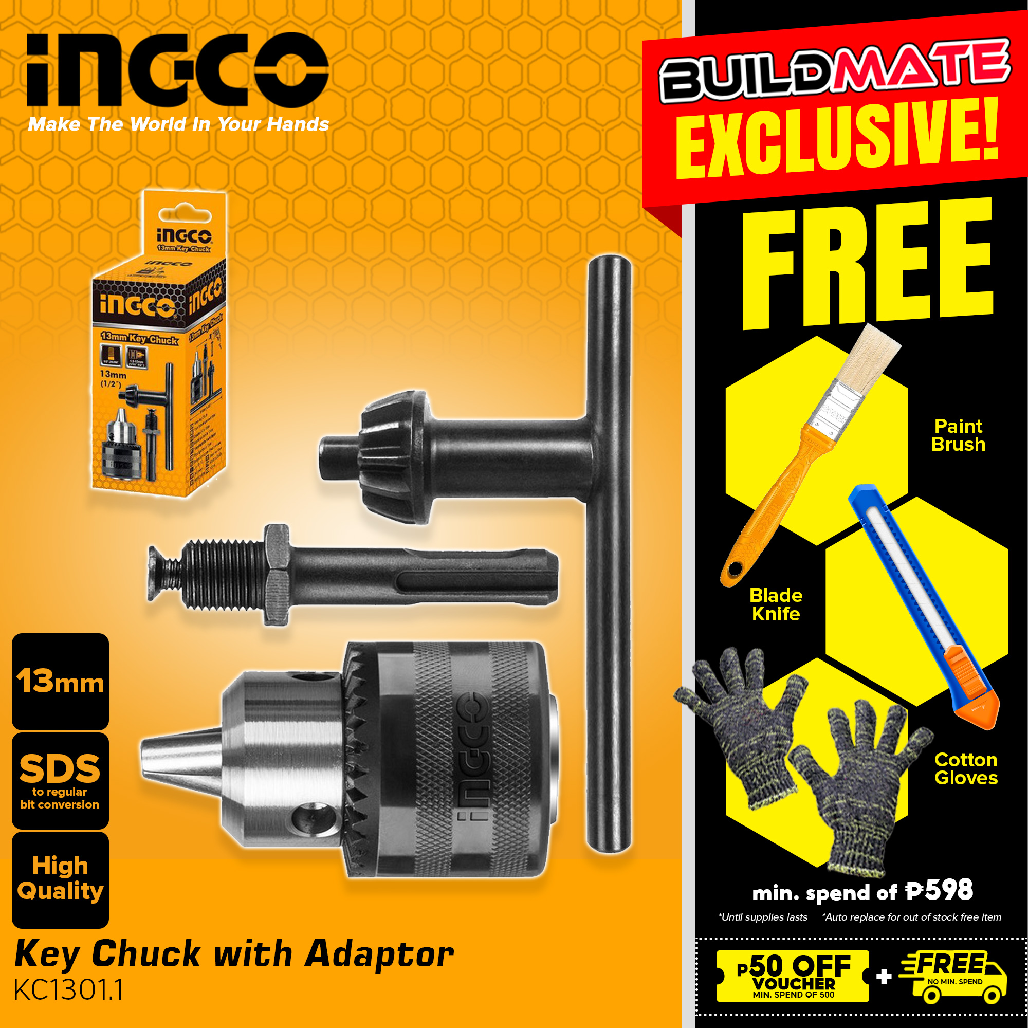 BUILDMATE Ingco Drill Key Chuck with Adaptor 13mm Keyed Drill Chuck