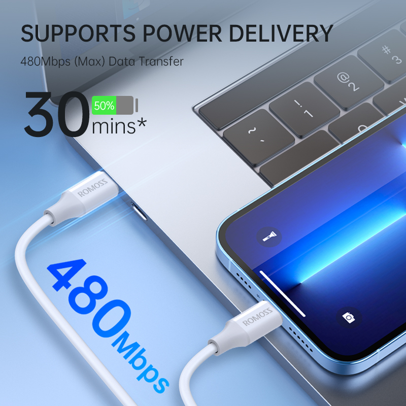 Romoss CB1723 Type C to Lightning Cable PD27W Fast Charging Lightning Cable for iPhone X 8 Plus 11 12 13 14 Pro Max Fast Charger Date Cablefor phone