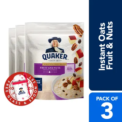Quaker Instant Oats Fruit & Nuts 350g (Pack of 3 + FREE Glass & Spoon Set)