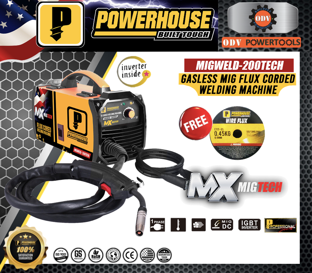 POWERHOUSE MIGWELD200TECH Gasless MIG Weld Flux Cored Inverter Welding