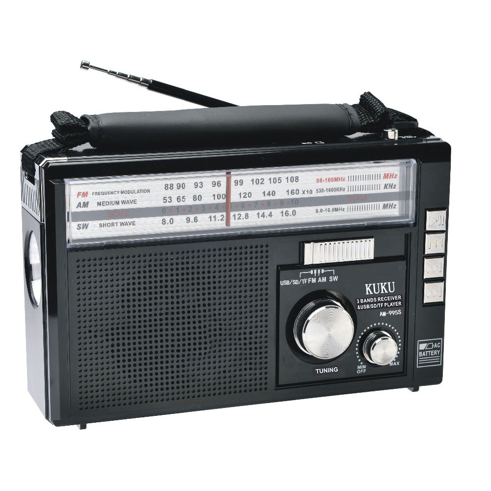 ☁KUKU AM995S FMAMSW 3 Band Solar Radio USBSDTF MP3 Player Transistor