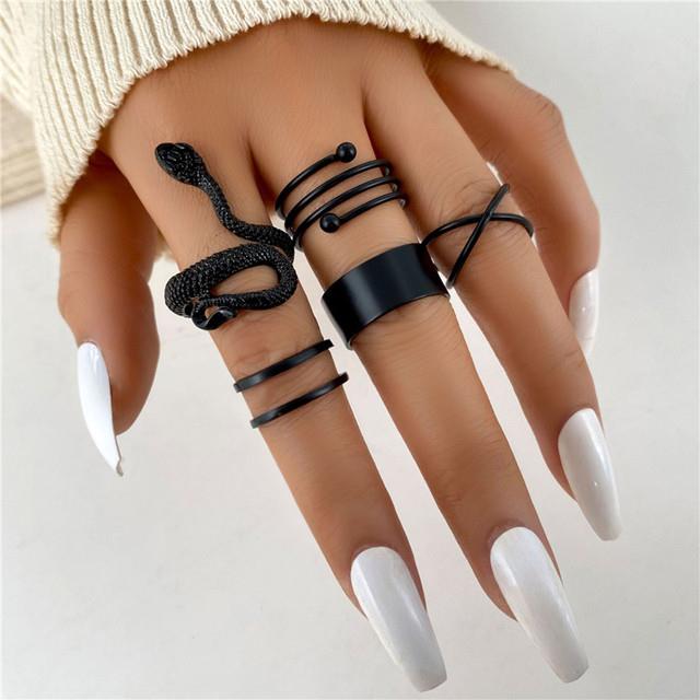 5) JWER 6Pcs/set Punk Finger Rings Minimalist Smooth black Geometric Metal  Rings for Women Girls Party Jewelry Bijoux Femme on OnBuy