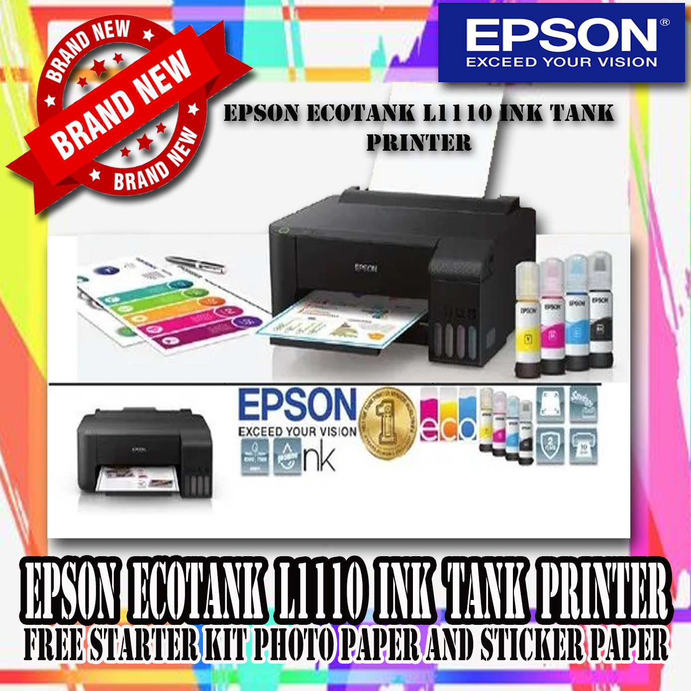 Epson EcoTank L1110 Ink Tank Printer with FREE STARTER KIT PHOTO PAPER