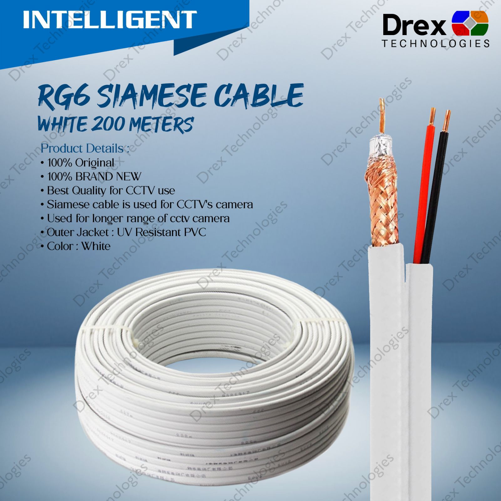 200M Intelligent RG6 Coaxial Power Siamese Cable White 200 Meters