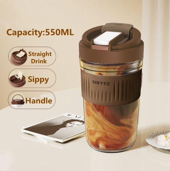 550ml Glass Travel Coffee Mug Reusable Coffee Cup with Lid and Straw
