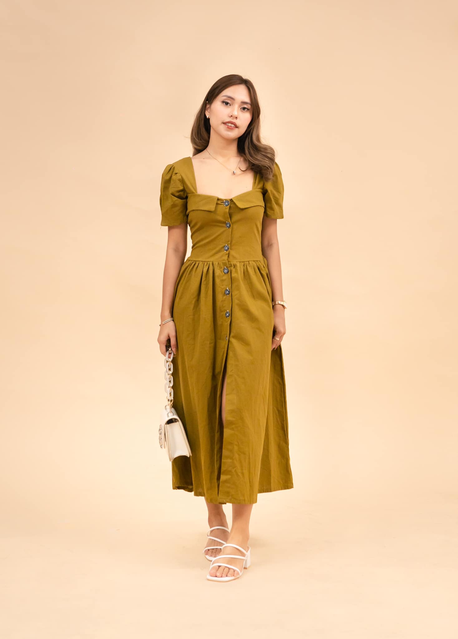 PAULINA DRESS puff sleeves square neck button down maxi dress, free