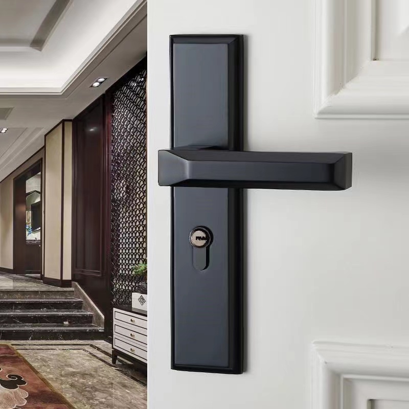 Black Aluminium Alloy Mute Door Locked Interior Door Handle Locks Set Lock Doorknob Bedroom Door