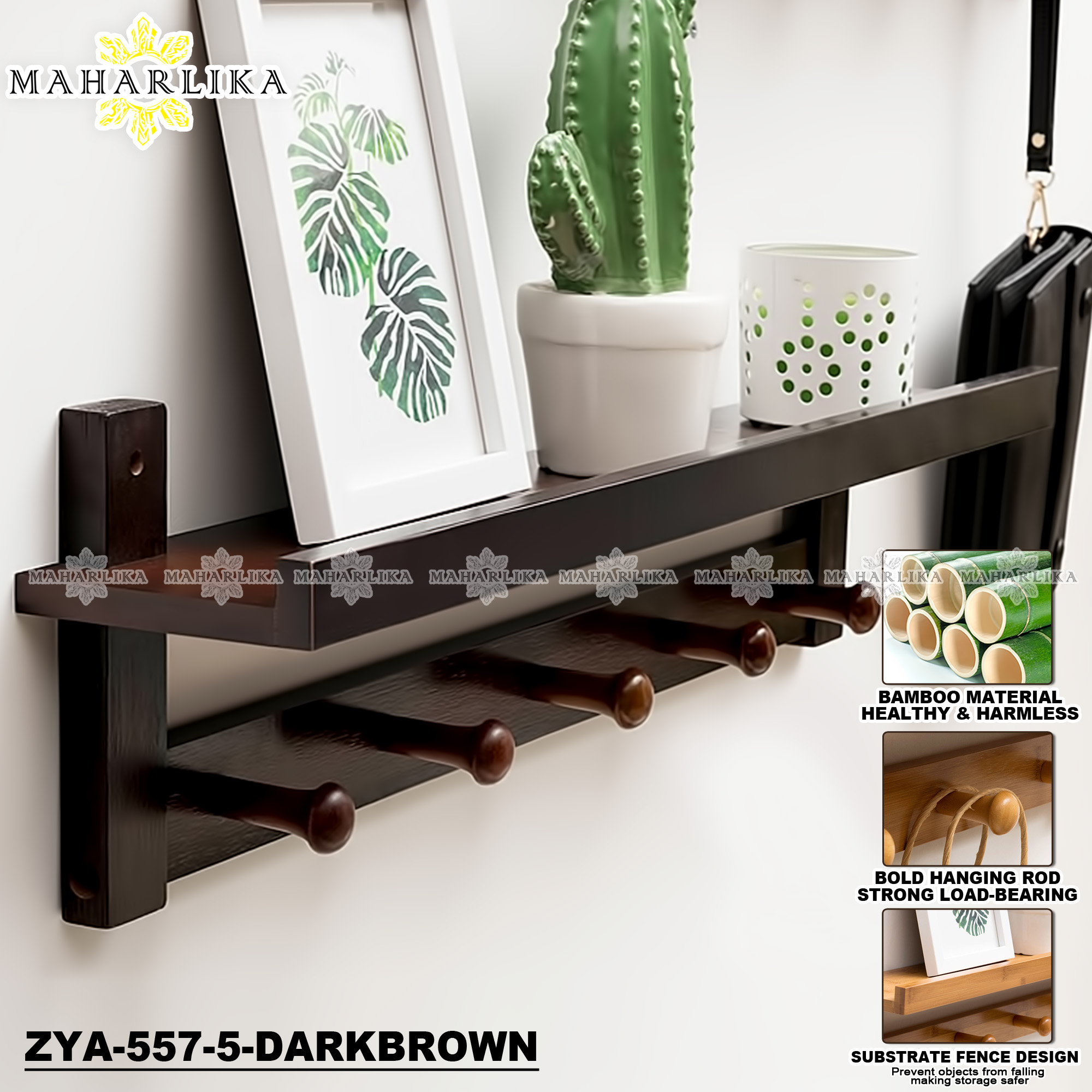Maharlika ZYA5575 Bamboo Floating Wall Shelves with 5 Hooks Entryway