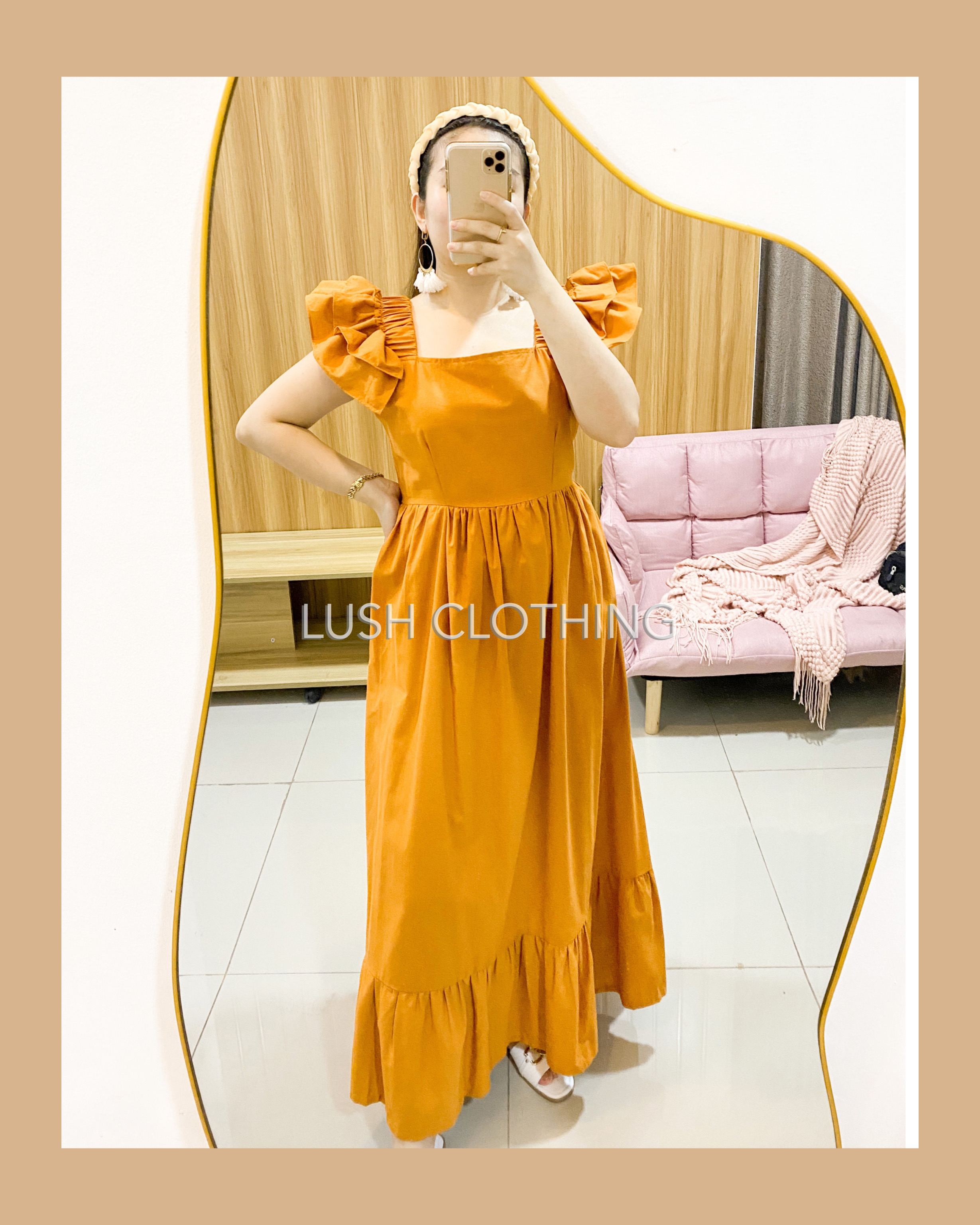 LAVIDA Cotton Linen Ruffled Puff Sleeves Party Dress with Pocket