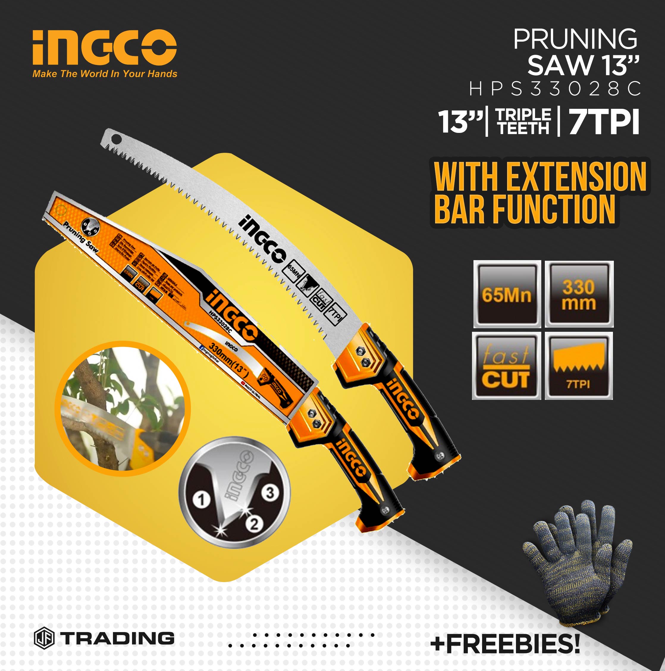 INGCO Curved Pruning Saw Tree Branch Saw 13" Triple teeth Fast Cut HPS33028C + FREEBIES Lazada PH