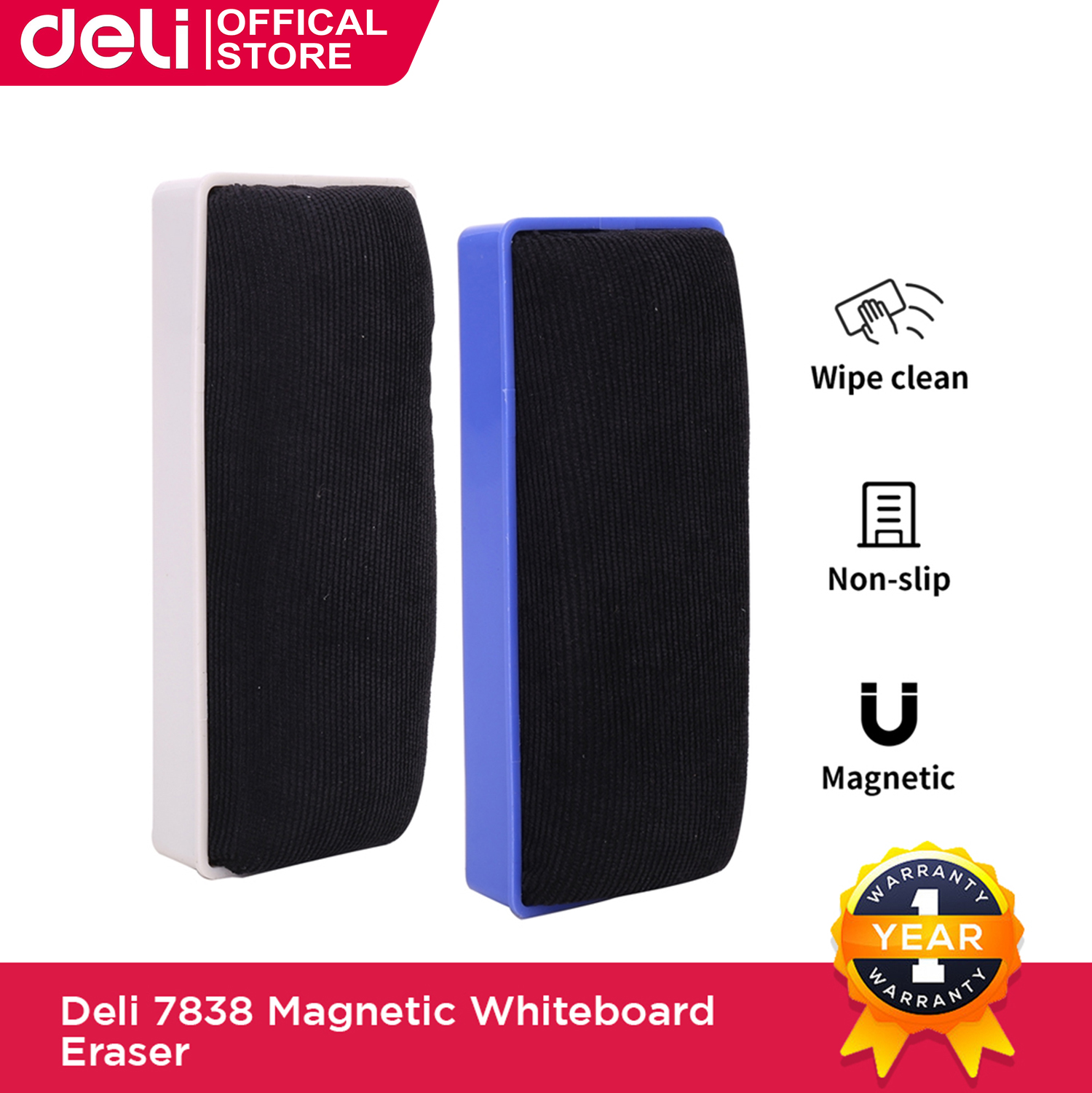 Deli Whiteboard Eraser with Dustfree Chalk Eraser