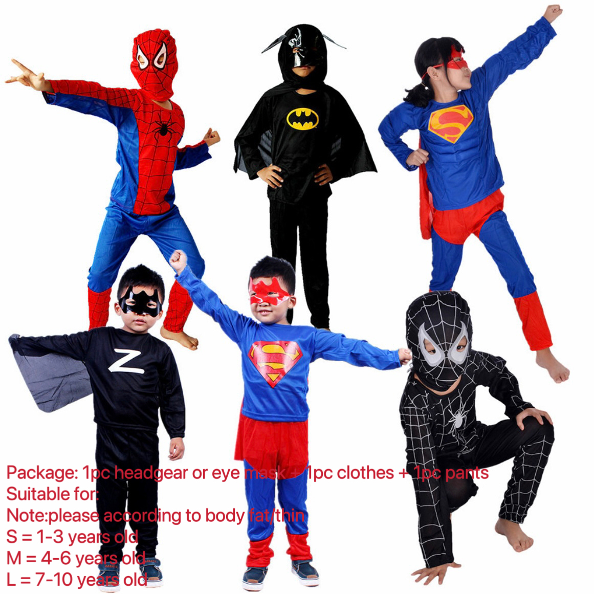 S/M/L Kids superhero costume halloween customes for kids trick or treat