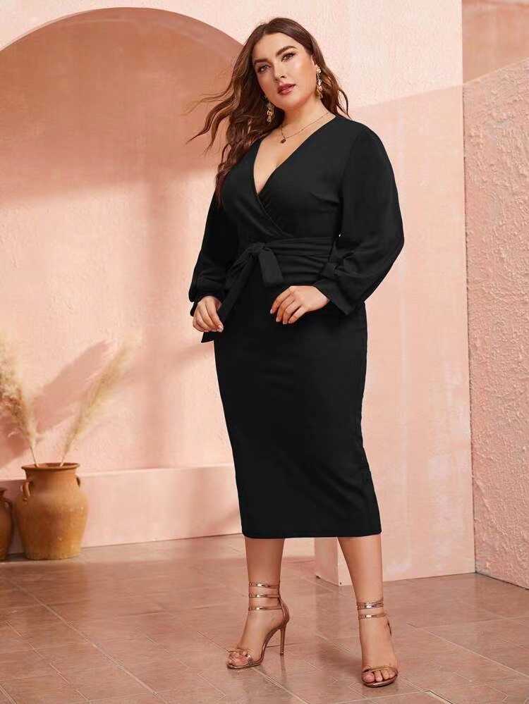 MEJI Surplice V-neck Self Belt Long Sleeve Plus Size Dress S155