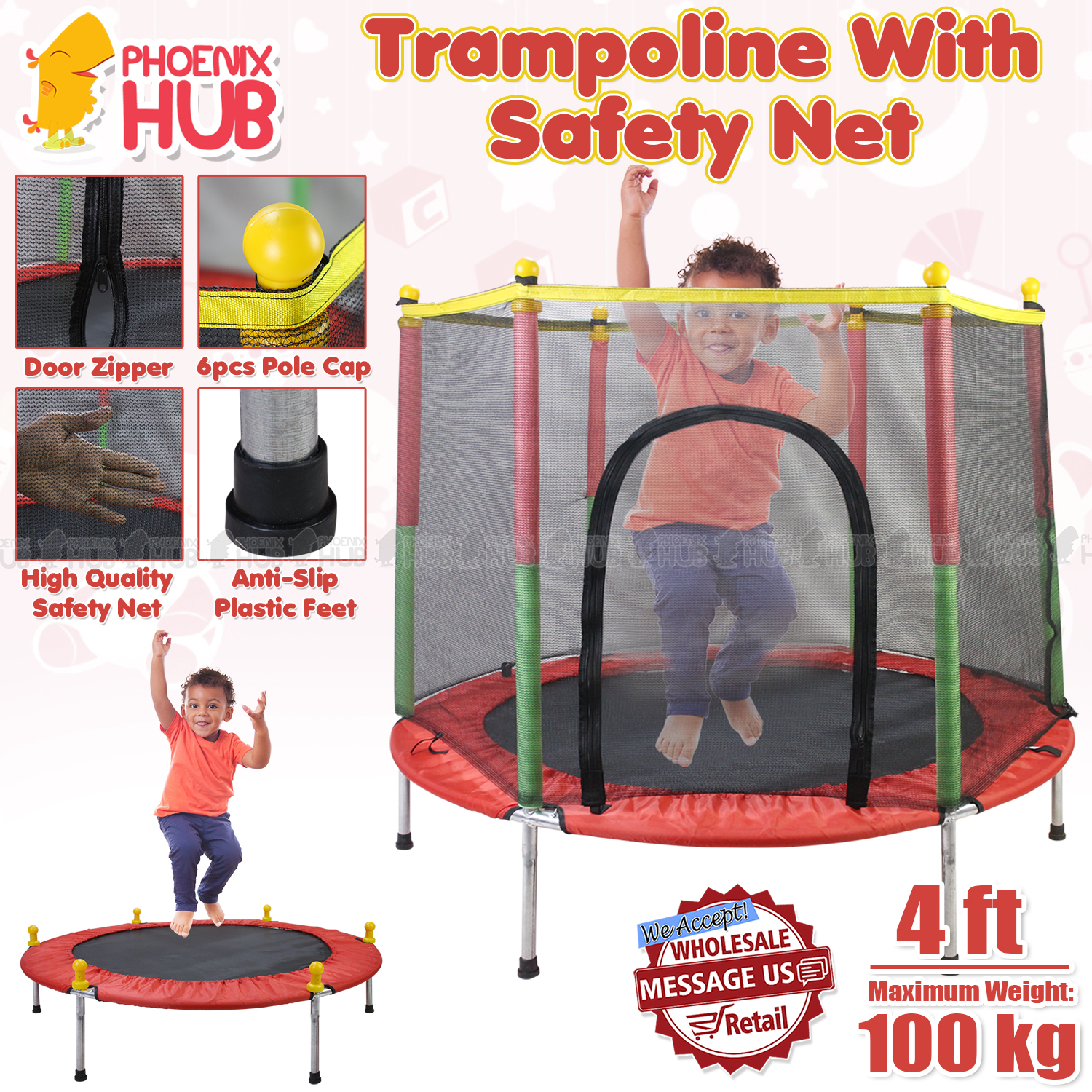 Children's Trampoline for Children, with Jumping Area And Protective Net,  Door with Zipper, 140cm, Maximum Load 100KG
