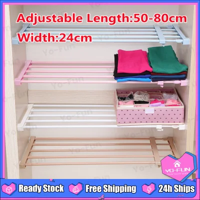 【41-92cm】Yo-Fun 1Pc Wardrobe Cabinet Storage Rack Adjustable Nail Free Divider Shelf Size M white length50-80cm/width24cm