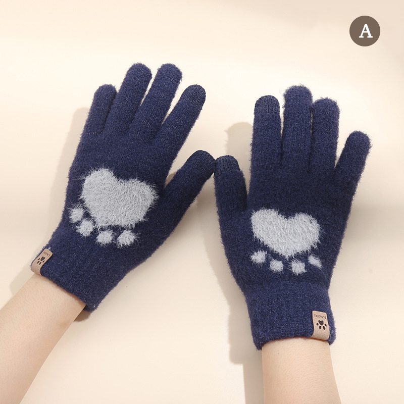 Autumn Winter Women's Gloves Touchscreen Cat Paw Pattern Warm Split