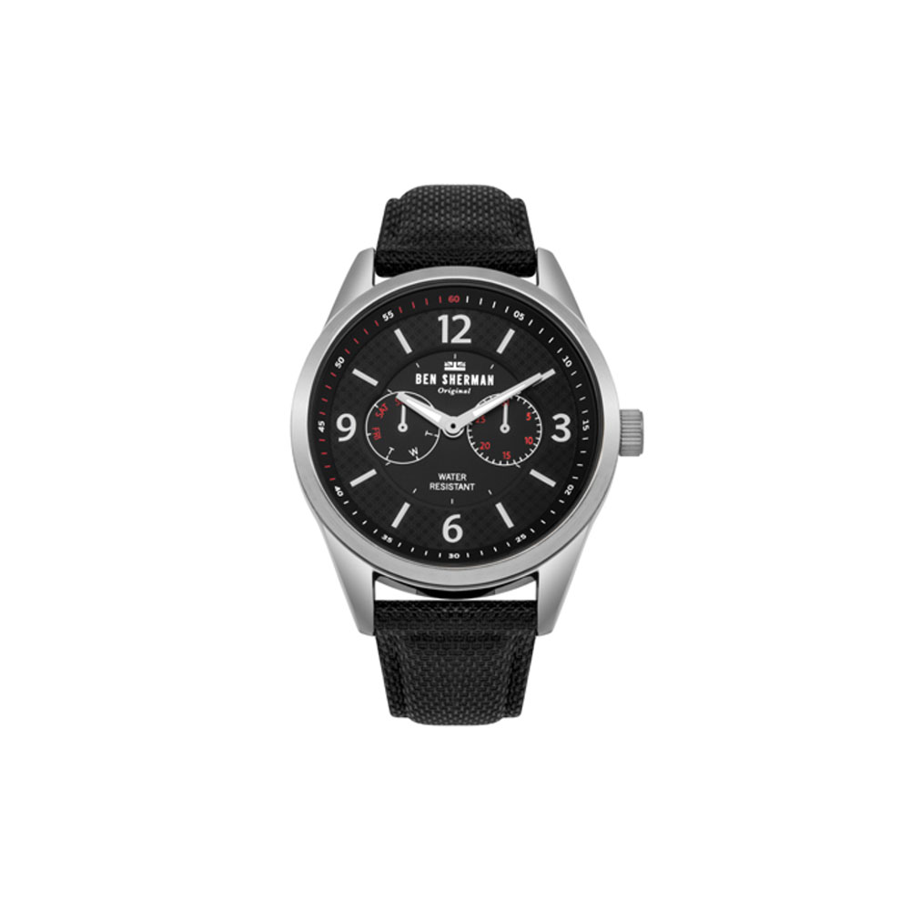 Ben Sherman Men Black Canvas with Genuine Leather Backing Strap