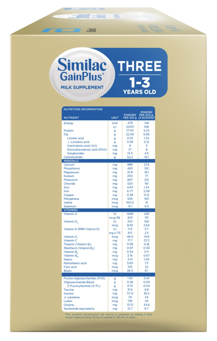 Similac gain sale plus nutrition facts