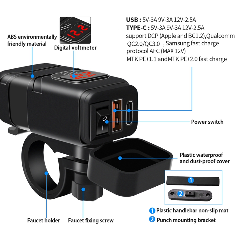 Powstation QC3.0 Motorcycle USB+Type-C Charger Waterproof Cell Quick Charger Autocycle USB Socket with Voltmeter