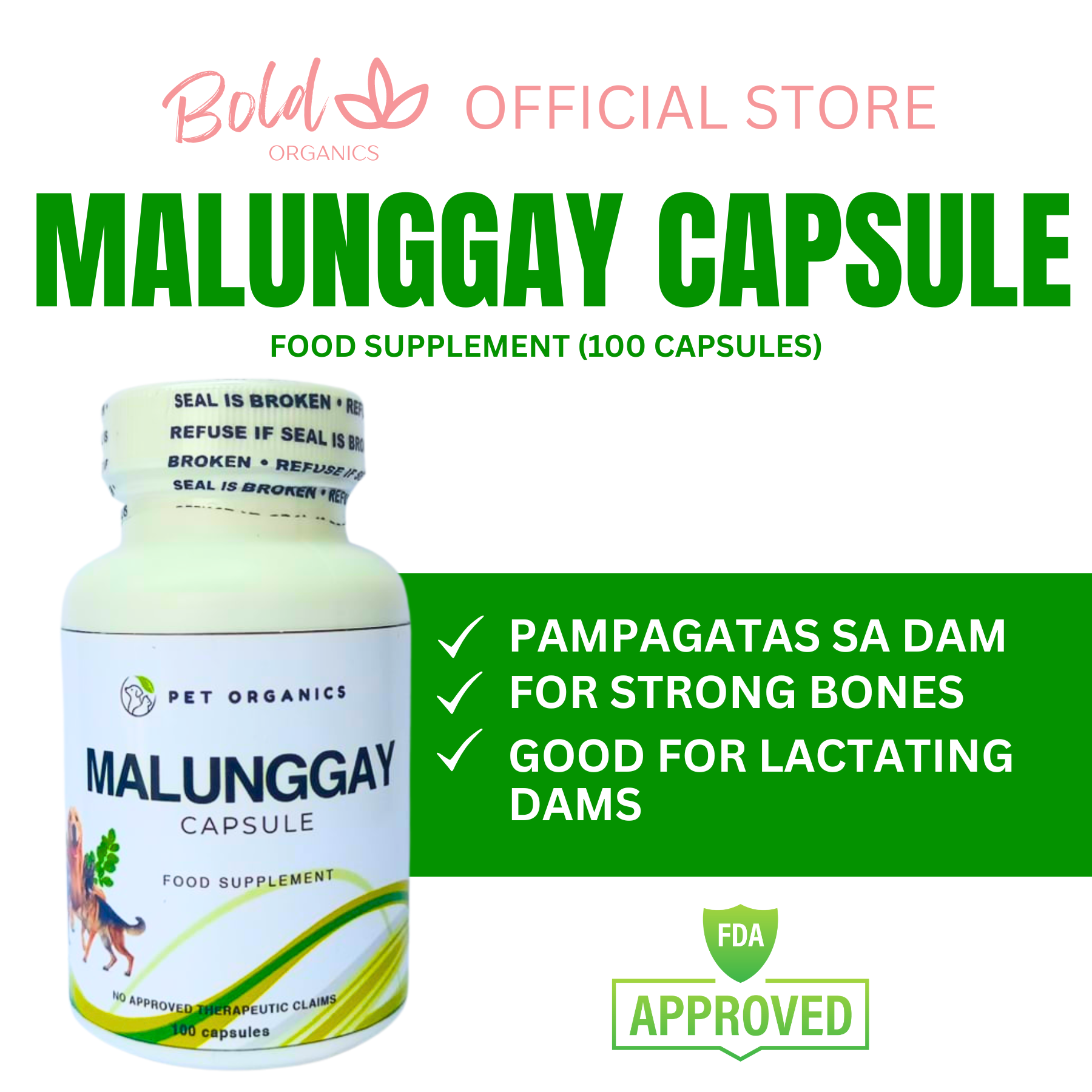 BOLD ORGANICS MALUNGGAY CAPSULE FOR PET 100 CAPSULES FOOD SUPPLEMENT