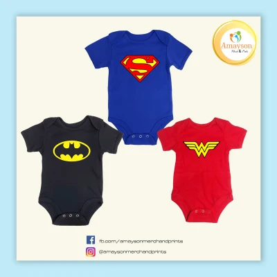 Amayson Justice League Superhero theme baby onesie - Superman, Wonder Woman, Batman, Flash, Green Lantern