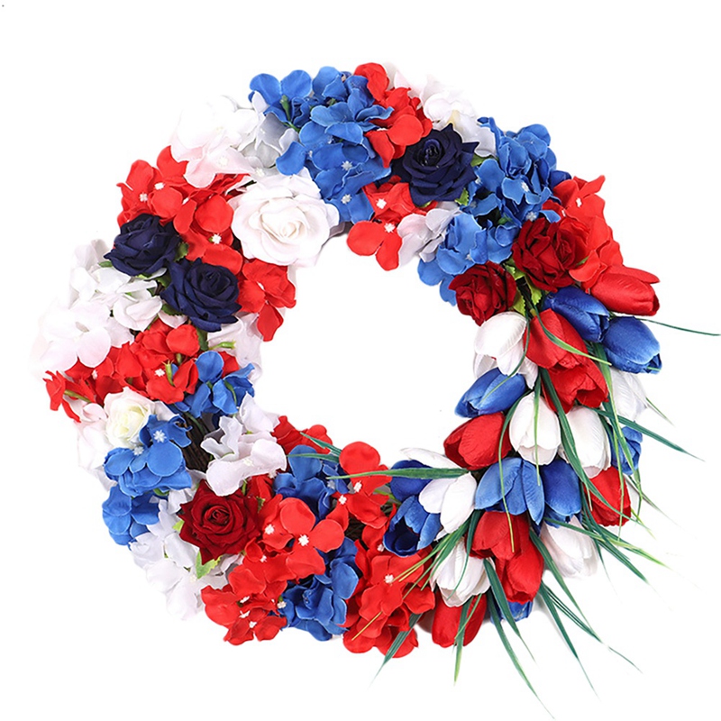Artificial Tulip Hydrangea Wreath American Independence Day Patriotic Wreath for Front Door Wall Window Home Decoration