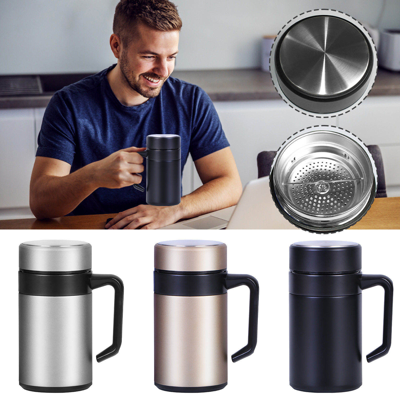 400ml 304 Stainless Steel Thermos Mugs Tea Office Cup With Handle Lid Tea  Filter Insulated Tea Mug Thermos Cup Office Thermoses