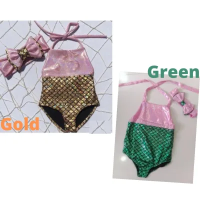 Hot Baby Swimsuit Set 2 pc Headband Mermaid Style Infant Kids Girls Swimwear Swim Suit Green Gold
