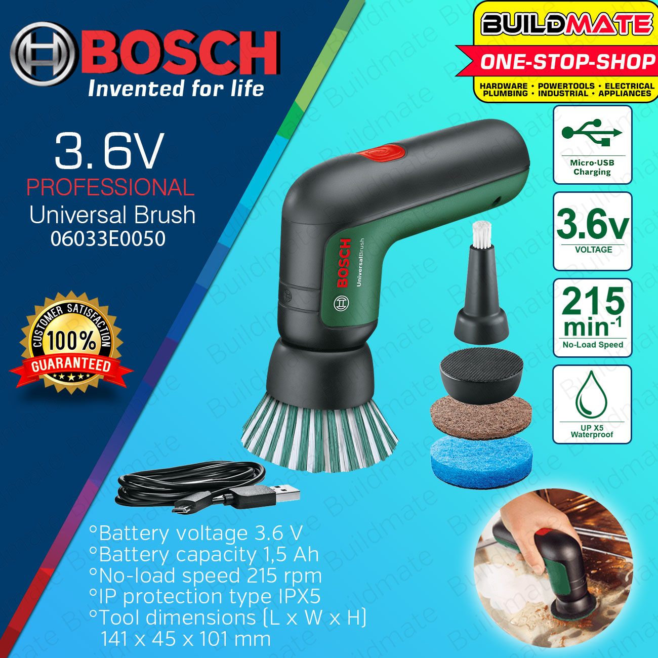 BOSCH Lithium-Ion Cordless 3.6 V Power Scrubber Universal Brush Asia  Wireless 1.5Ah Electric Power Cleaning Brush With 4 Cleaning Attachments &  Micro USB Cable Cleaner Kit 06033E0050