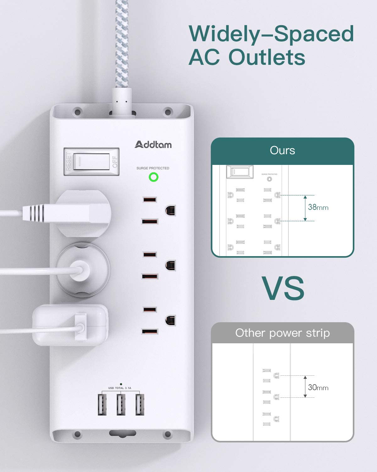 Addtam 6-Outlet Extender with 2 USB Charging Ports and Night Light Power Strip Multi Plug Outlets Wall Adapter Expander ETL Listed USB Wall Charger Surge Protector 