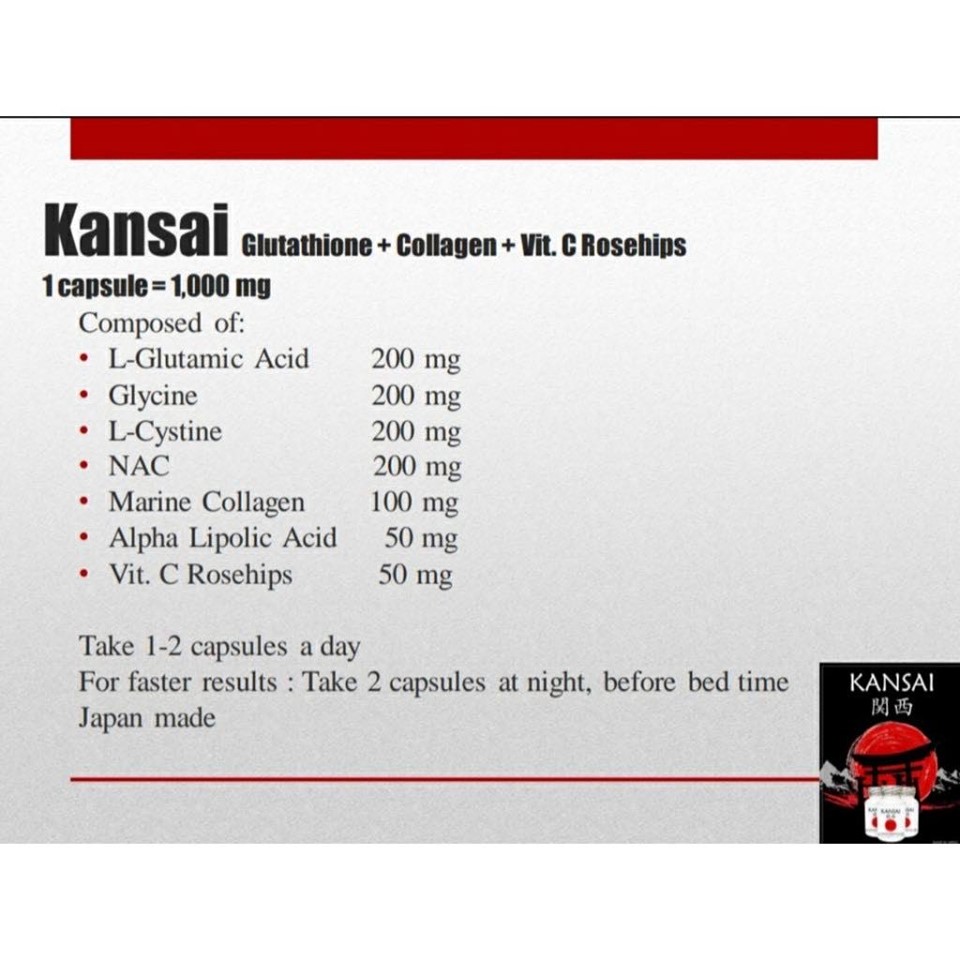 Authentic Kansai 1000mg Glutathione Collagen with Vitamin C NAC Rosehips Japan 60 capsules FDA APPROVED Anti-Aging Skin Supplement Joint Lubrication And Energy Boost - Lazada Authentic Kansai 1000mg Glutathione Collagen with Vitamin C NAC Rosehips Japan 60 capsules FDA APPROVED Anti-Aging Skin Supplement Joint Lubrication And Energy Boost - Lazada