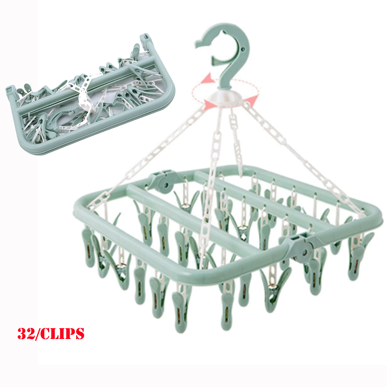 Folding Plastic Clothes Drying Rack 32 * 32 * 34cm Drying Rack with 32 Clips Baby Hangers Sock Drying Hanger 