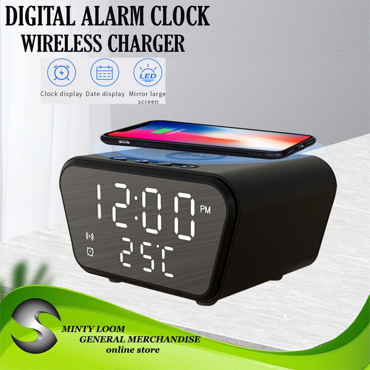 Digital Alarm Clock Wireless Charger 2 in 1 for Phone with Alarm Time ...