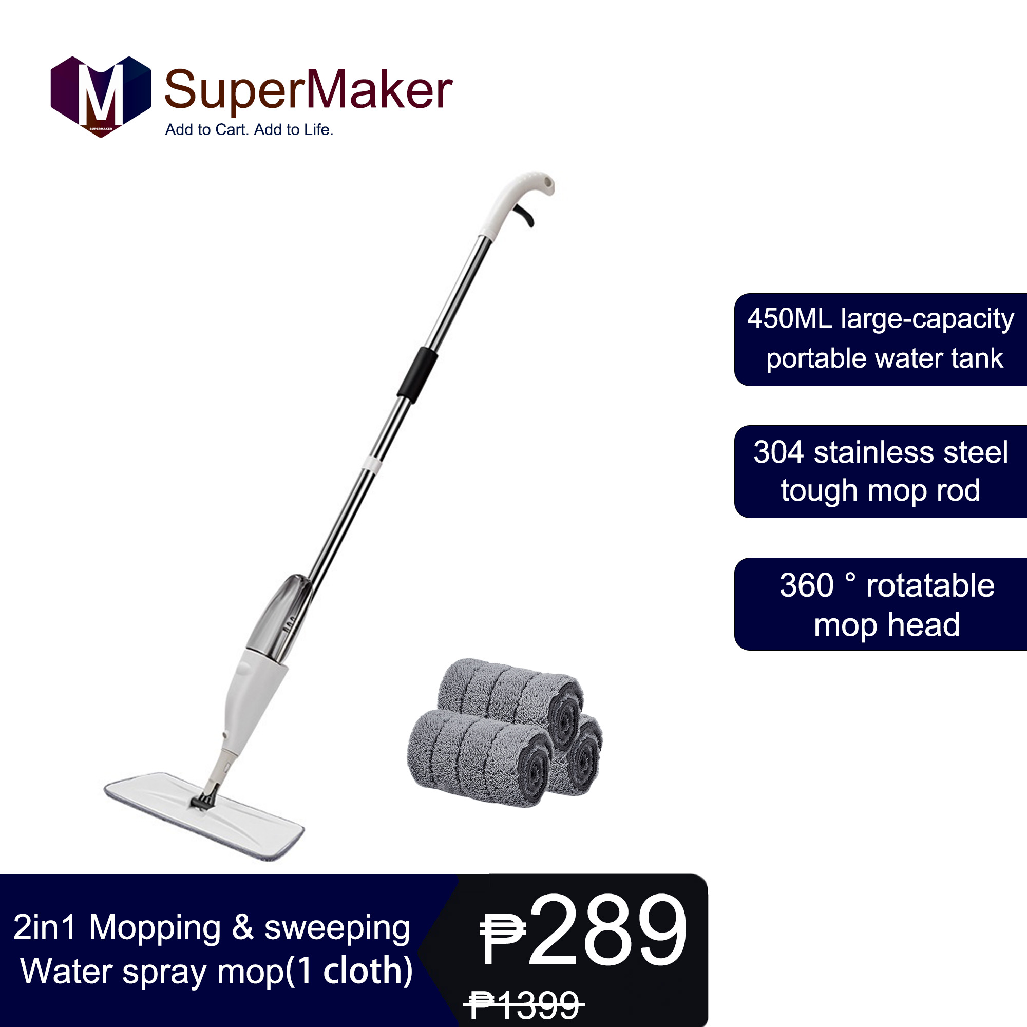 Water Spraying Sweeper Floor Cleaner Carbon Fiber Dust Mop 360 Rotating