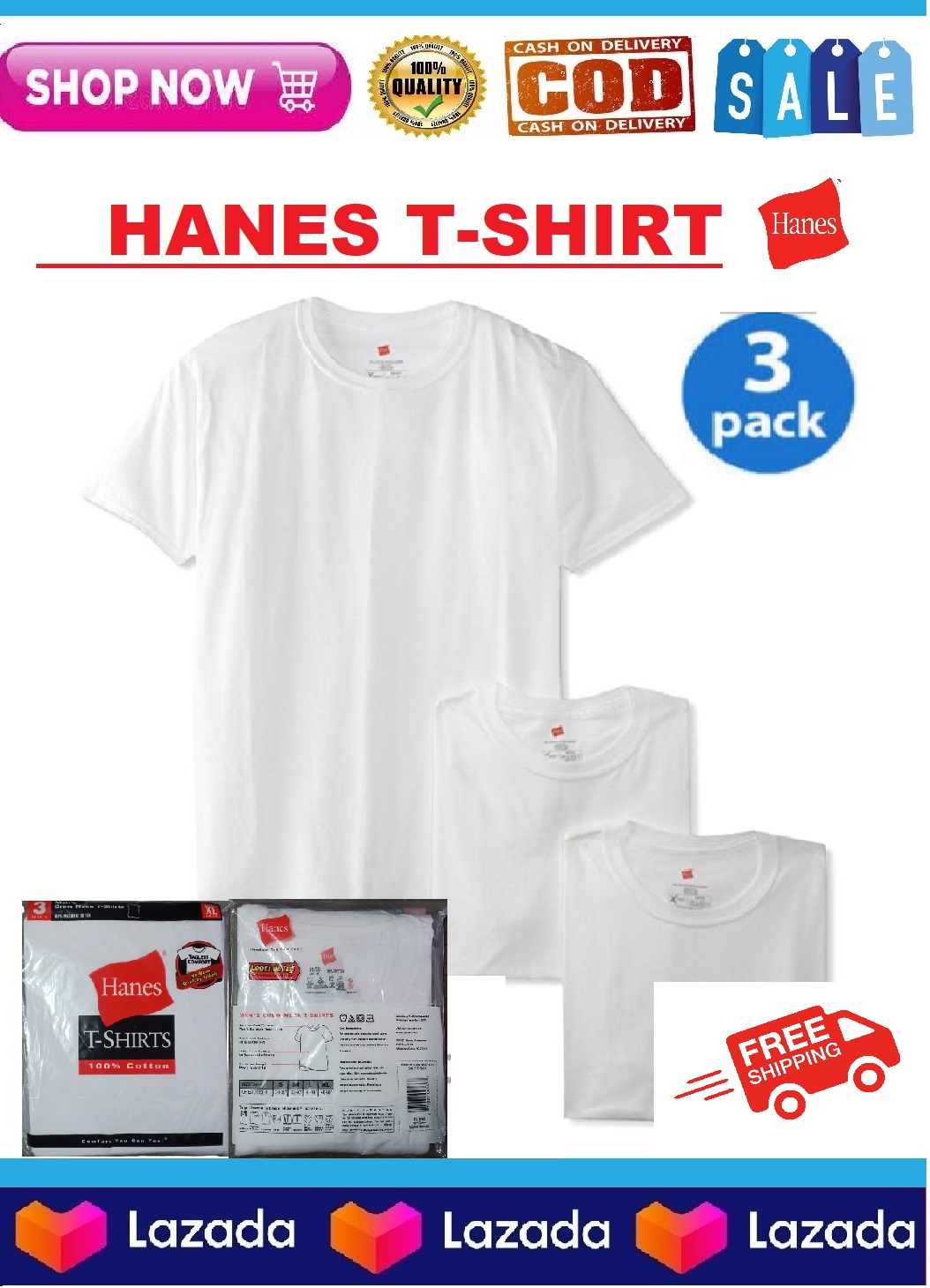 FREE SHIPPING HANES WHITE ROUND NECK T 