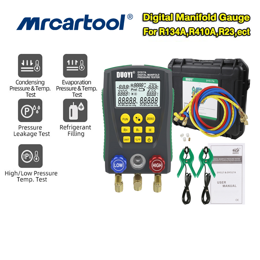 MRCARTOOL Digital Aircon Pressure Gauge HVAC Vacuum Pressure Leak Test Car Air Conditioning