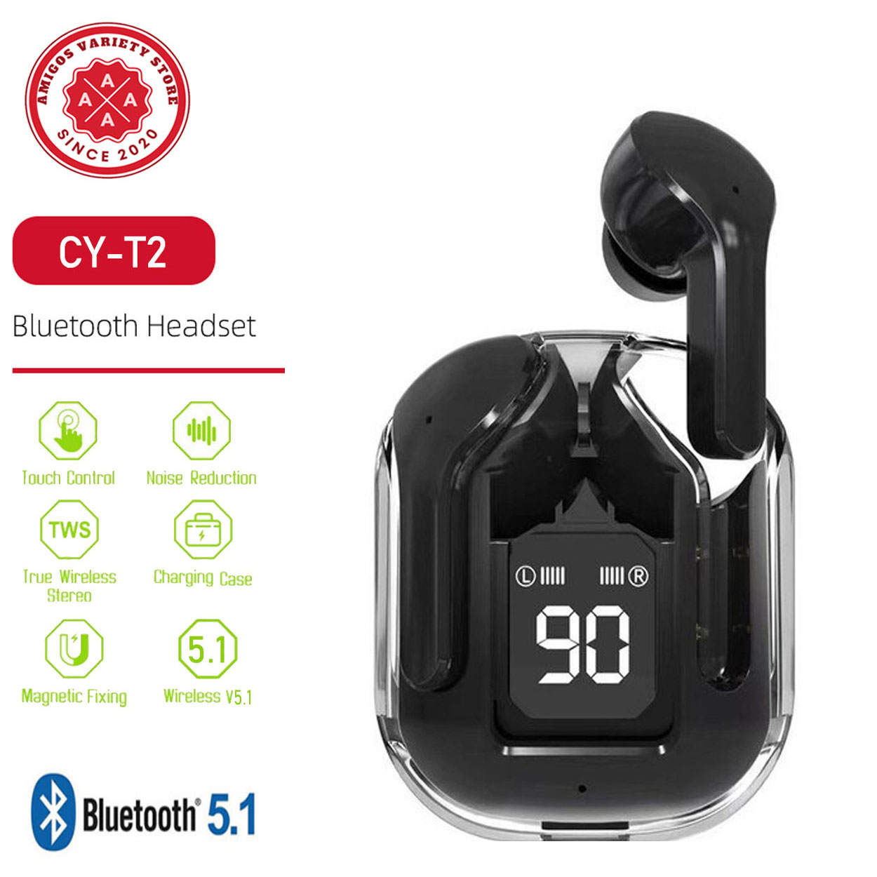 CY-T2 Wireless Headset Transparent Earphones LED Power Stereo