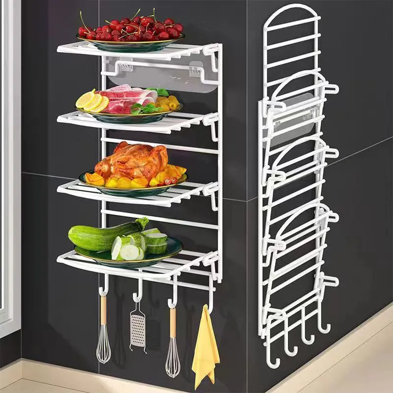 Kitchen Wall Mounted Vegetable Rack 4 Tier Multipurpose Foldable Wall Fruit And Vegetable Dish