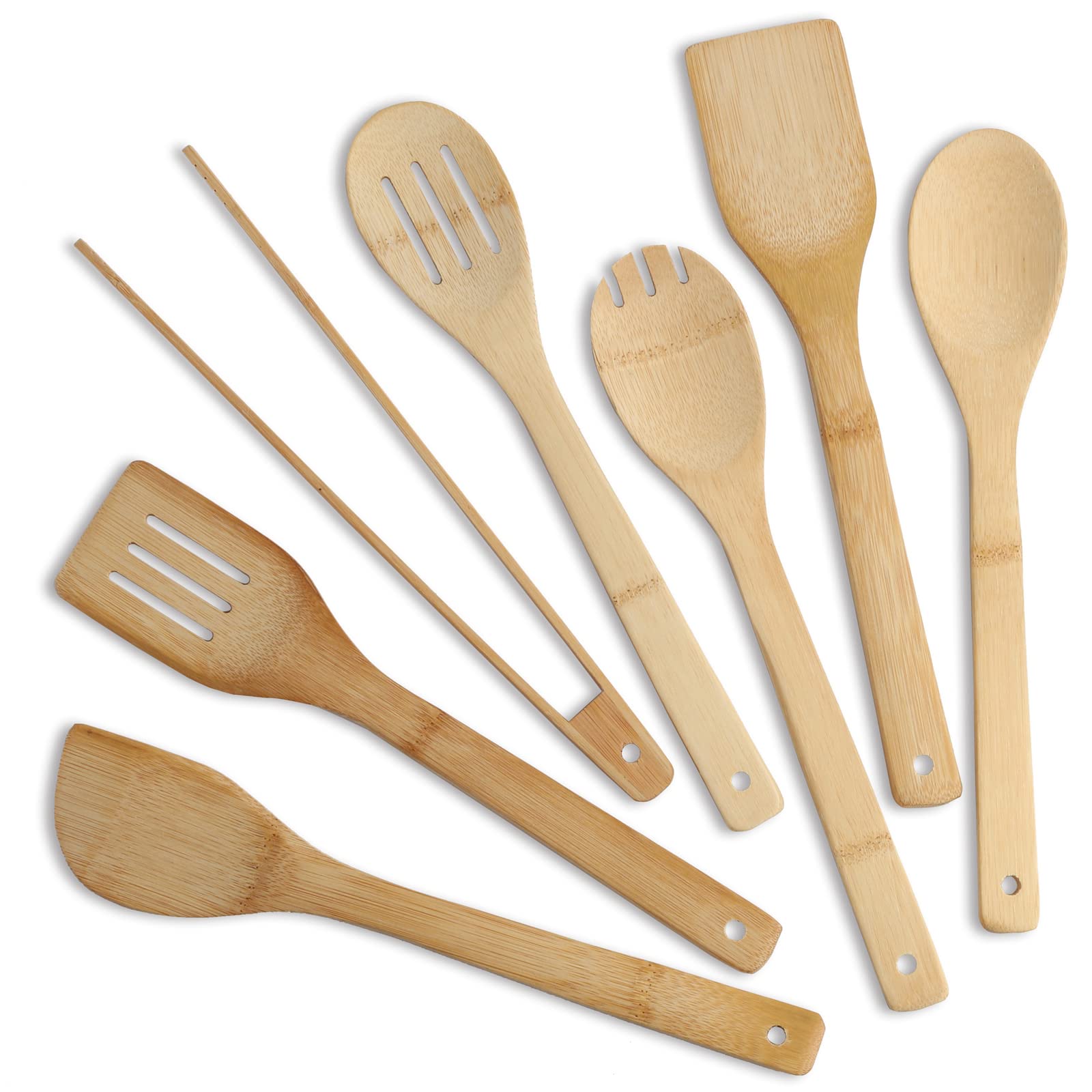 Bamboo Kitchen Utensils Set 8 Pcs Slotted Serving Spoons Spatula Tong
