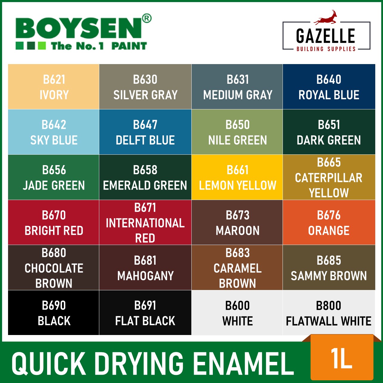 Boysen Quick Dry Enamel Jade Green 1 Liter – Top-Most Hardware &  Construction Supplies