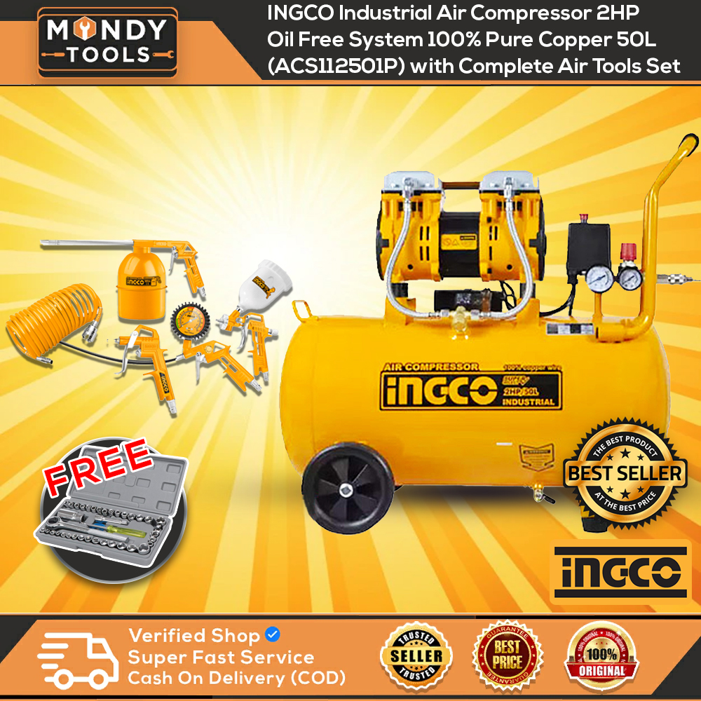 INGCO Industrial Air Compressor 2HP Oil Free System 100 Pure Copper