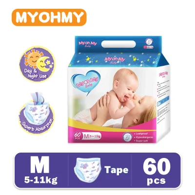 MyohMy Tape Diapers M 60 Pcs Overnight Ultra-Thin Breathable Diapers (5-11KG)