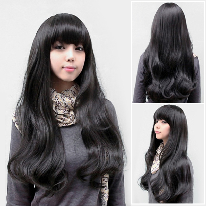 O-New Long Culy Big Wave Black Hair Wig for Women Fluffy Synthetic Full ...
